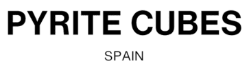 Text reading "PYRITE CUBES SPAIN" in bold, black font on a white background.