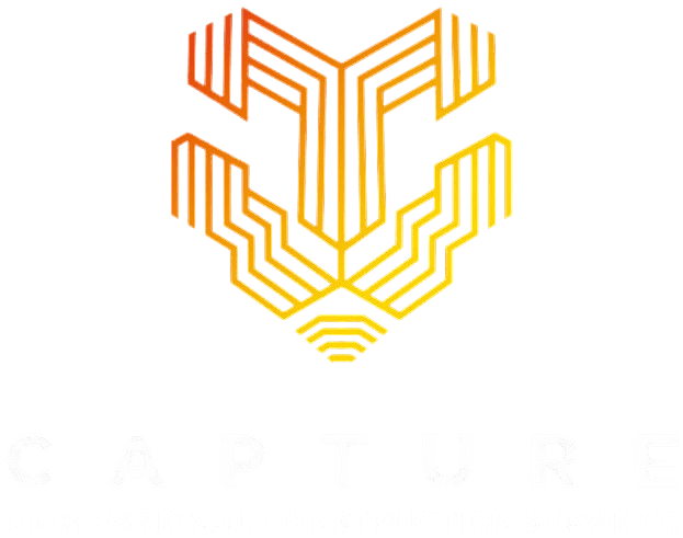Untitled design (1) Logo featuring geometric lines forming a stylized emblem in orange and yellow gradient with the text "Capture Professional Construction Services" below.